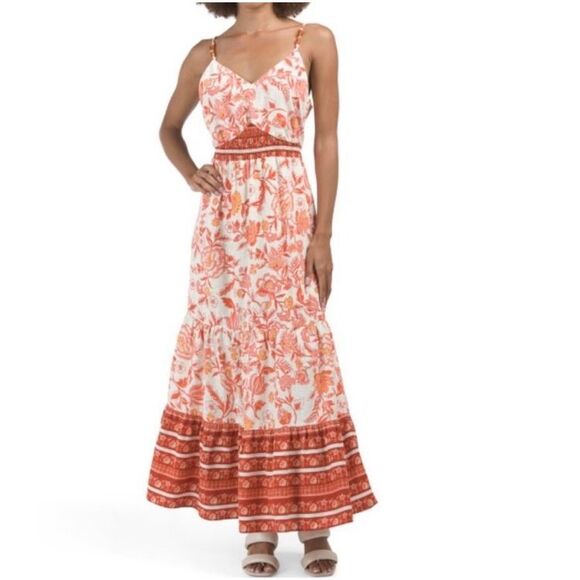 Rachel Zoe Dress Women's Size Small Orange Red Floral Maxi Linen Blend NWT - Picture 1 of 11